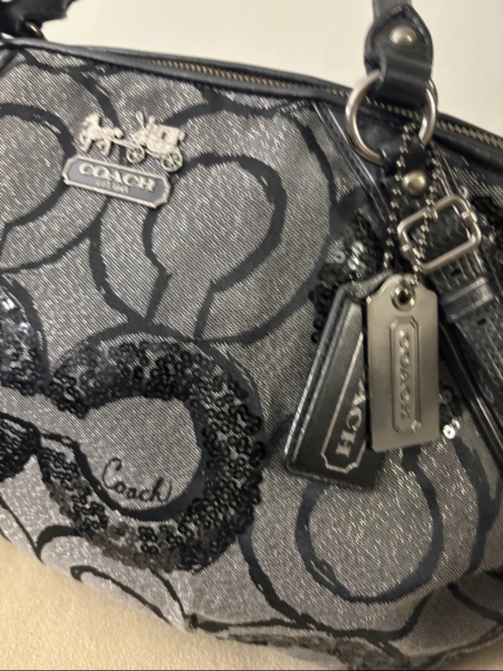 Coach Black and Gray Sequin Signature Satchel - Picture 2 of 4